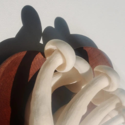 Language brand lifestyle image: oyster mushroom cluster against dark wood